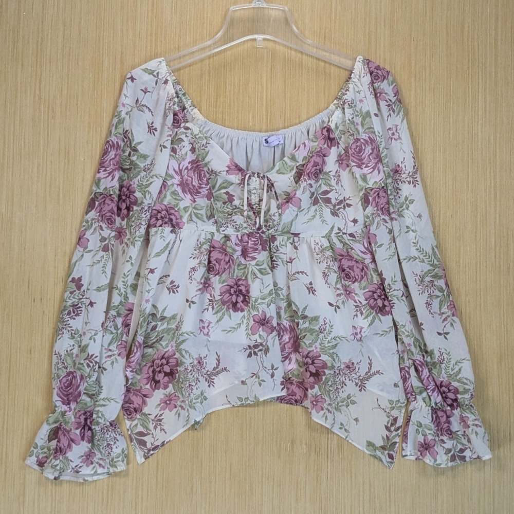 So Pink Floral Flutter Sleeve Top Cottage Milkmaid Handkerchief Hem Junior Large